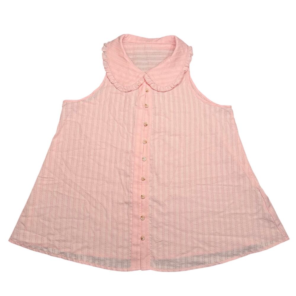 Vintage Pink Pointelle Stripe Sleeveless Button Blouse Ruffle Peter Pan Collar